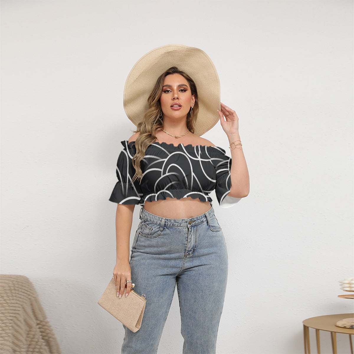 All-Over Print Women's Off-shoulder Cropped Top With Short Puff Sleeve