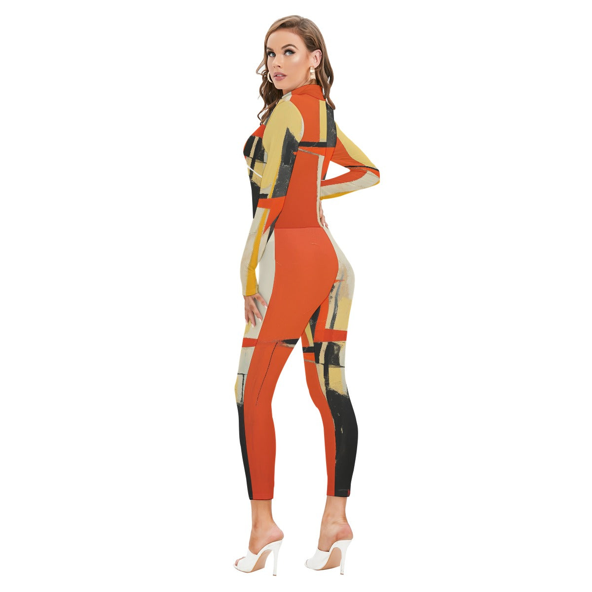 All-Over Print Women's Long-sleeved High-neck Jumpsuit With Zipper