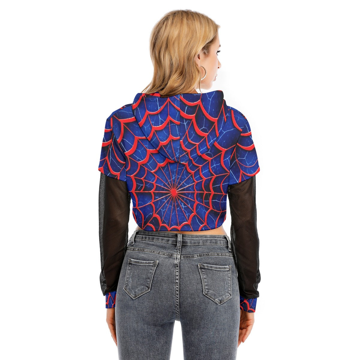 All-Over Print Women's Fake Two-piece Mesh Sleeve Cropped Hoodie