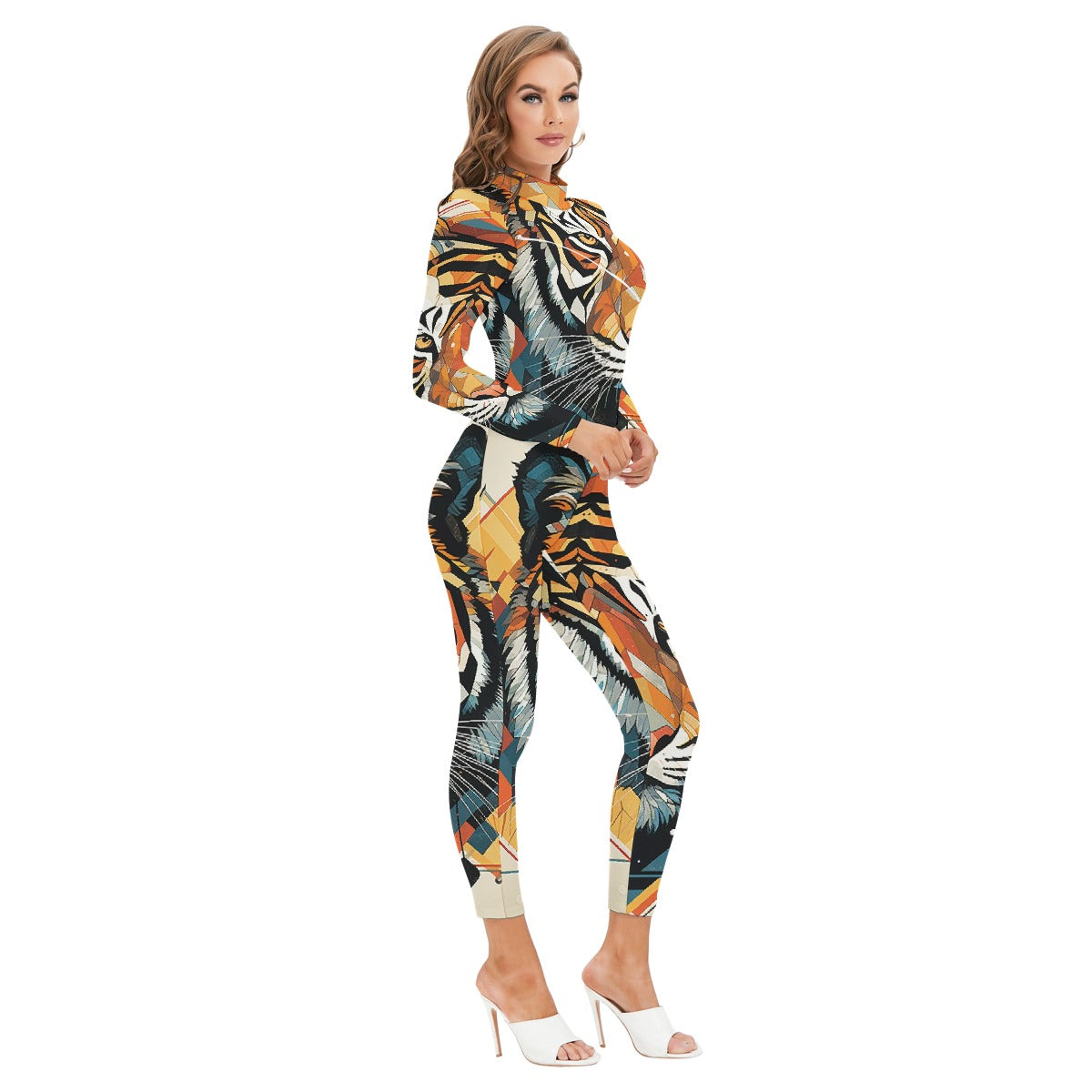 All-Over Print Women's Long-sleeved High-neck Jumpsuit With Zipper