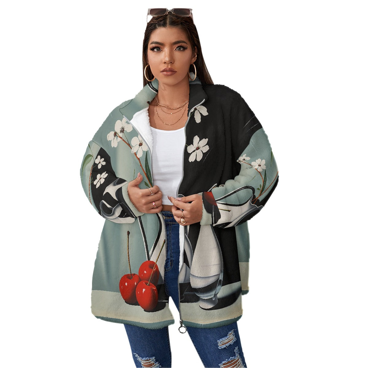 All-Over Print Unisex Borg Fleece Stand-up Collar Coat With Zipper Closure(Plus Size)