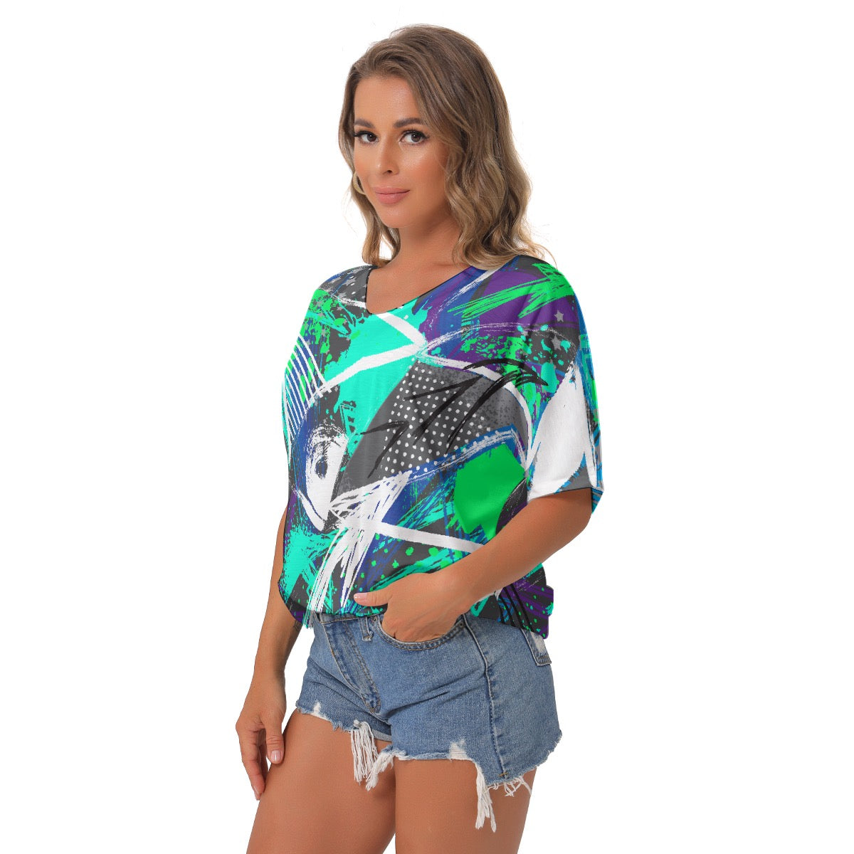 All-Over Print Women's Bat Sleeves V-Neck Blouse
