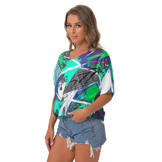 All-Over Print Women's Bat Sleeves V-Neck Blouse