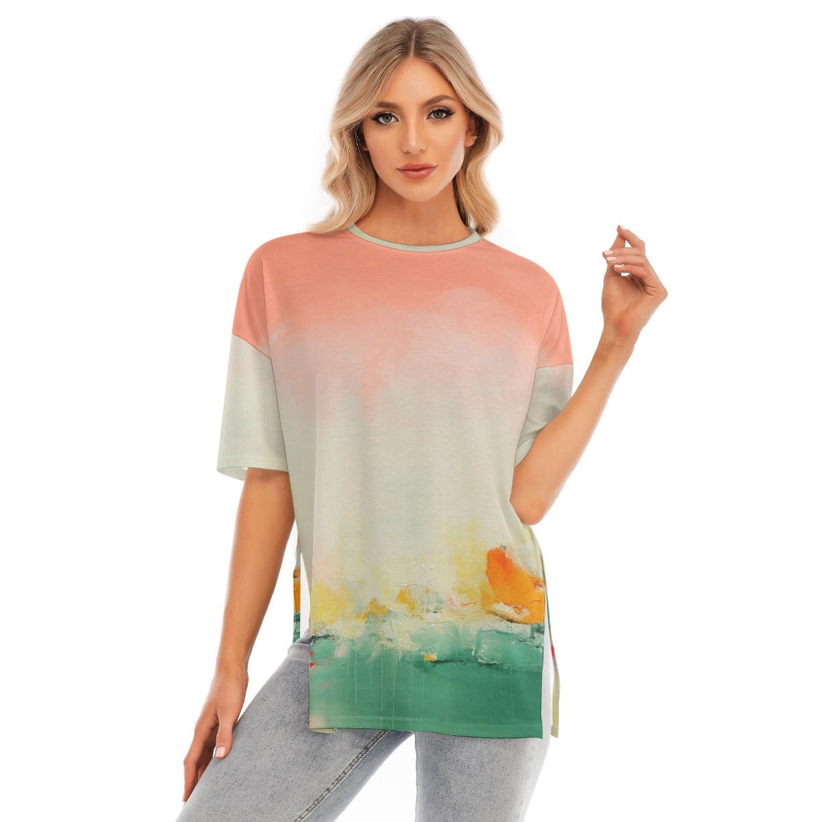 All-Over Print Women's Short Sleeves T-shirt With Hem Split