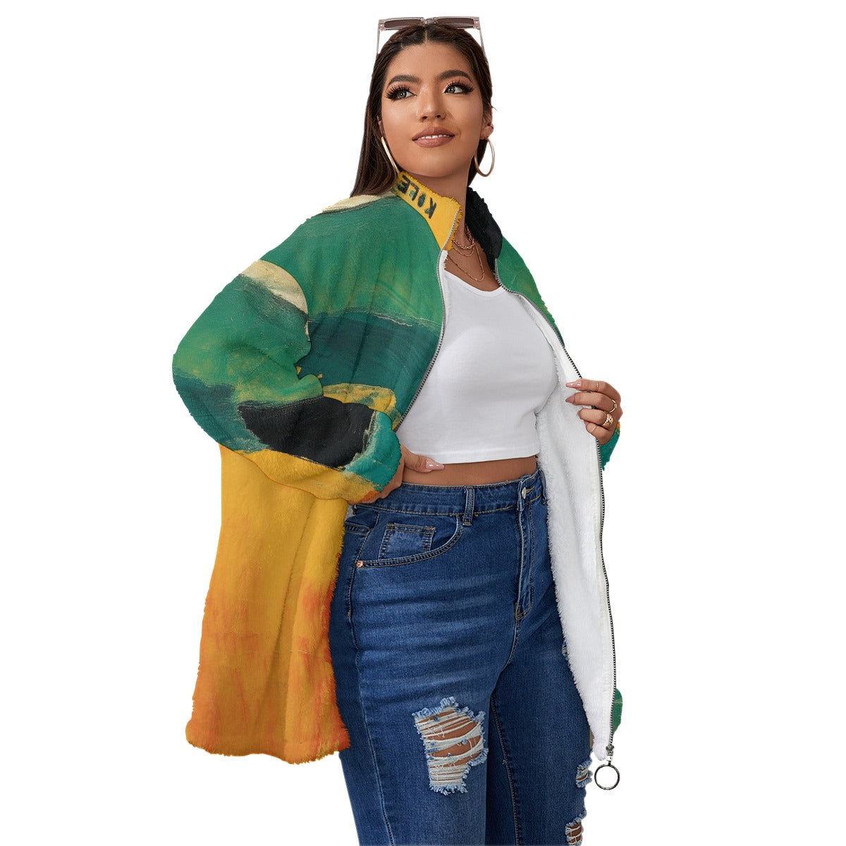 All-Over Print Unisex Borg Fleece Stand-up Collar Coat With Zipper Closure(Plus Size)