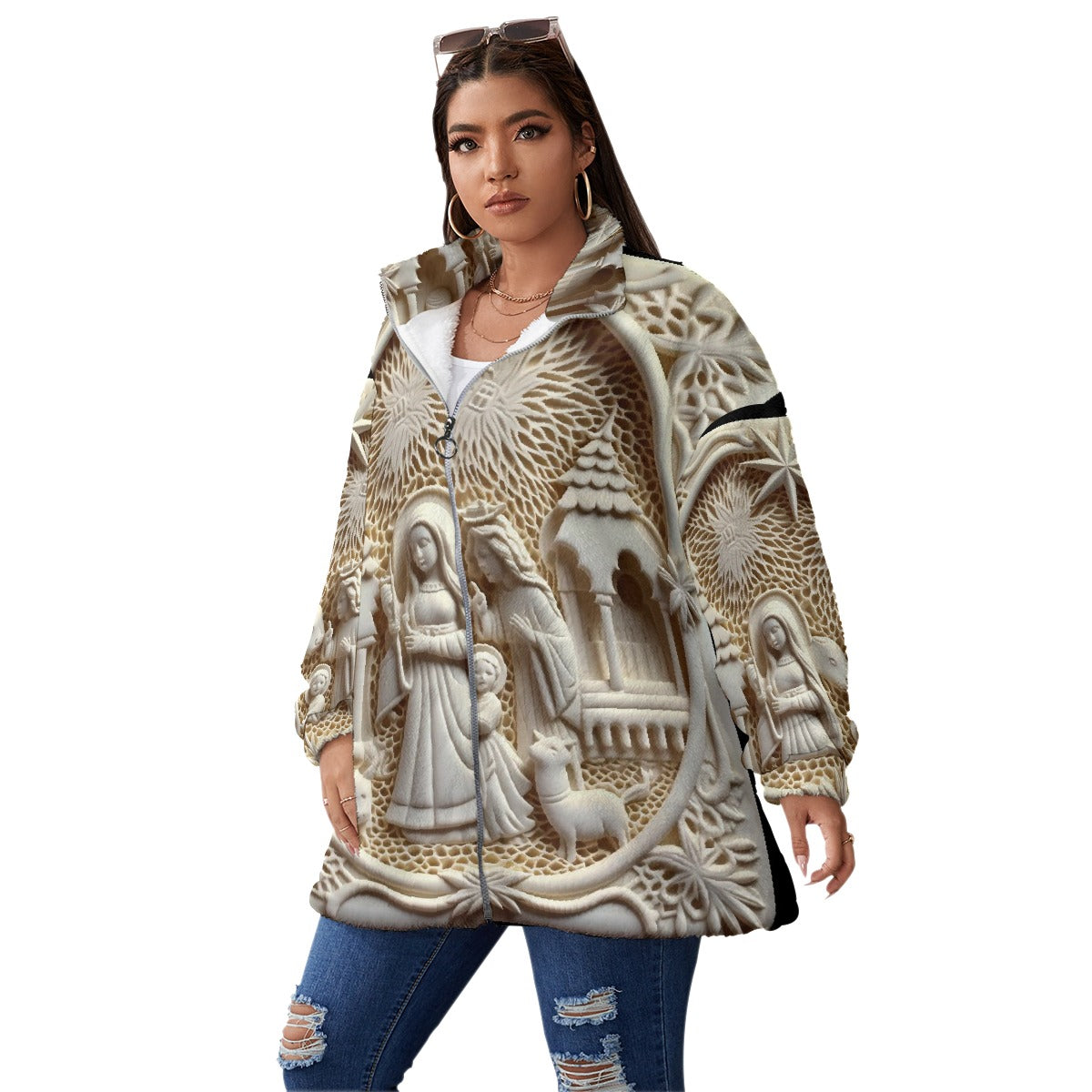All-Over Print Unisex Borg Fleece Stand-up Collar Coat With Zipper Closure(Plus Size)