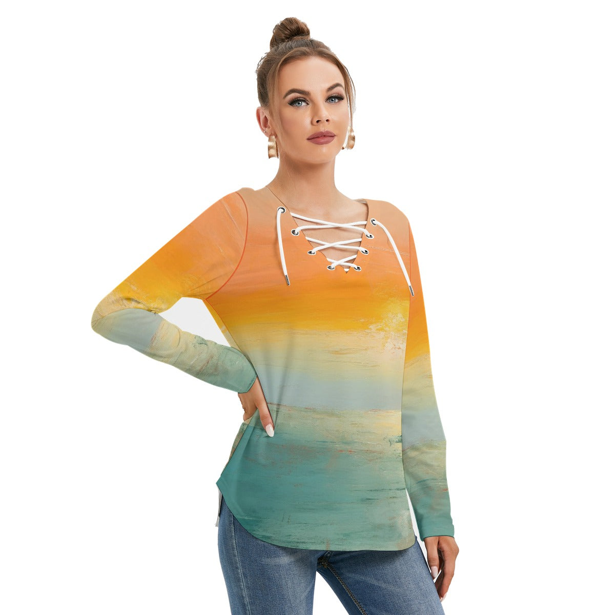 All-Over Print Women's Long Sleeve Neckline Tie Sweatshirt