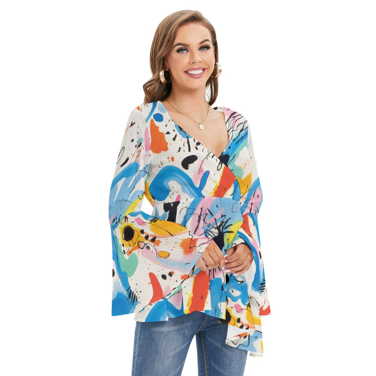 All-Over Print Women's V-neck Blouse With Flared Sleeves