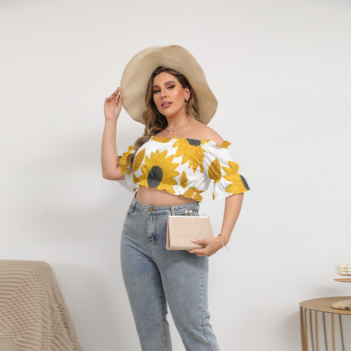 All-Over Print Women's Off-shoulder Cropped Top With Short Puff Sleeve