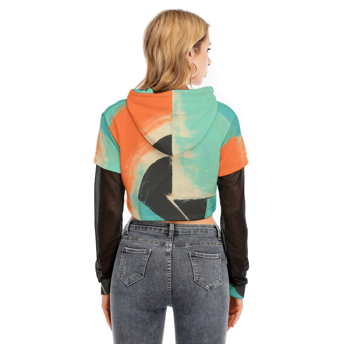 All-Over Print Women's Fake Two-piece Mesh Sleeve Cropped Hoodie