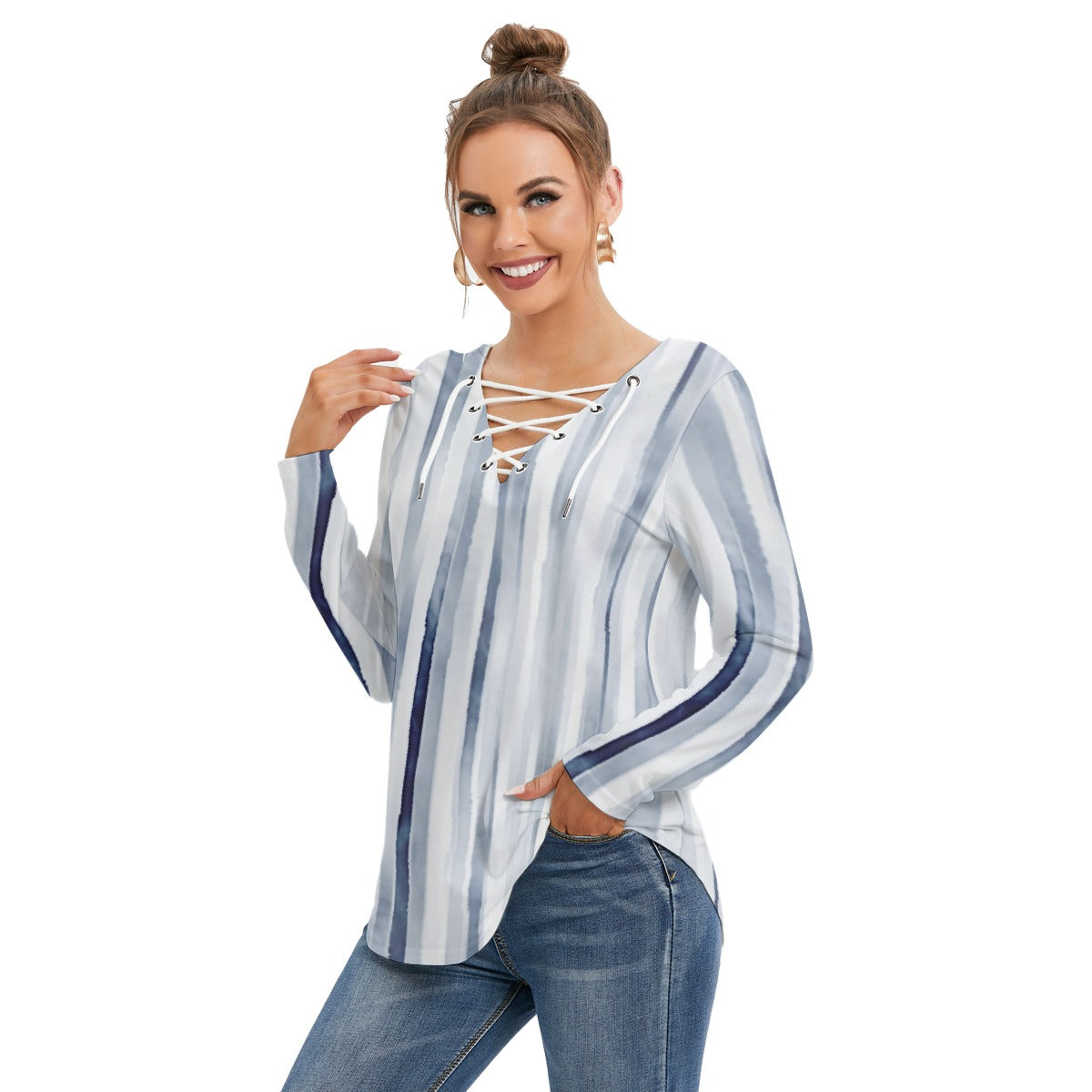 All-Over Print Women's Long Sleeve Neckline Tie Sweatshirt