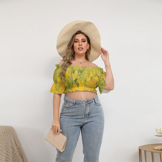 All-Over Print Women's Off-shoulder Cropped Top With Short Puff Sleeve