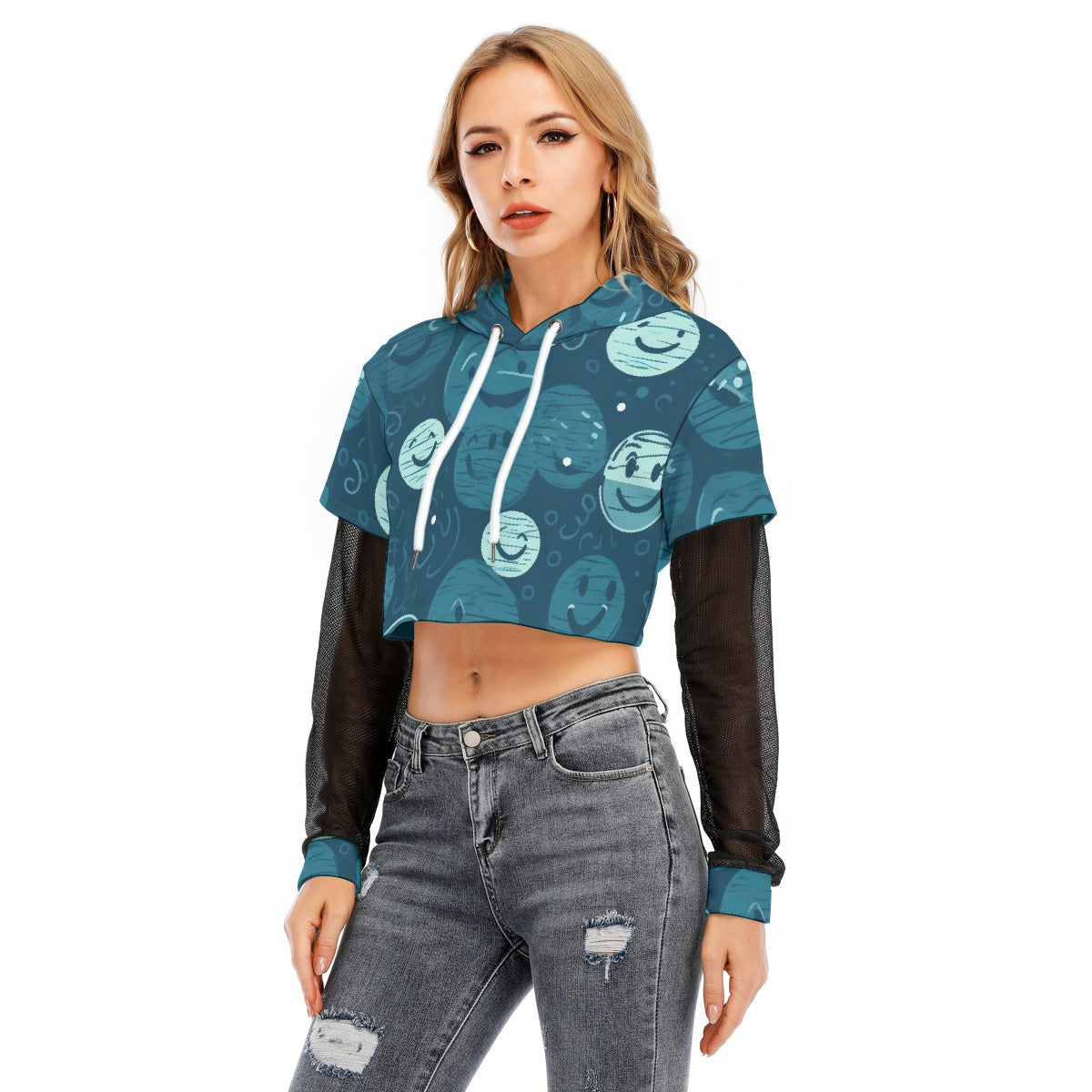All-Over Print Women's Fake Two-piece Mesh Sleeve Cropped Hoodie