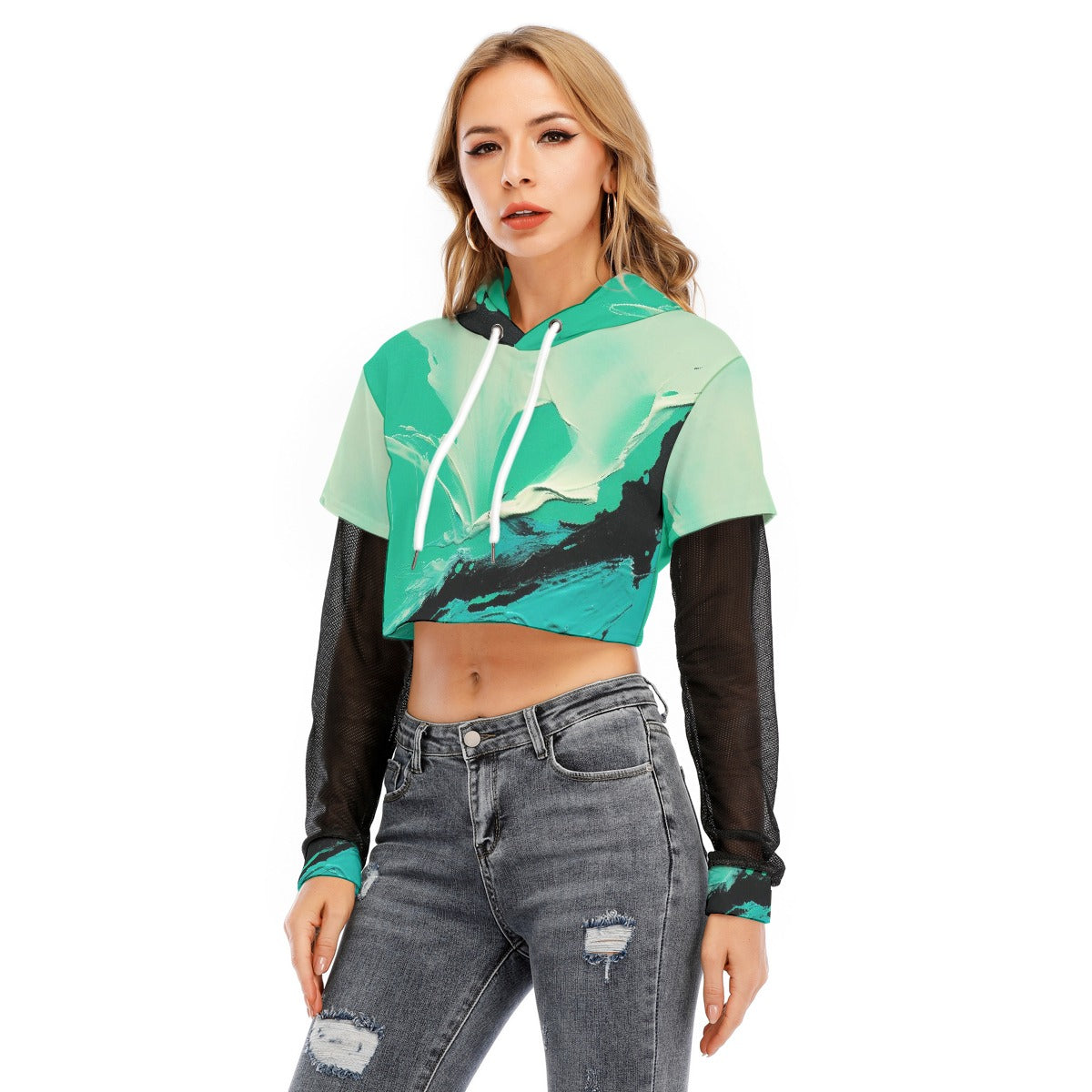 All-Over Print Women's Fake Two-piece Mesh Sleeve Cropped Hoodie