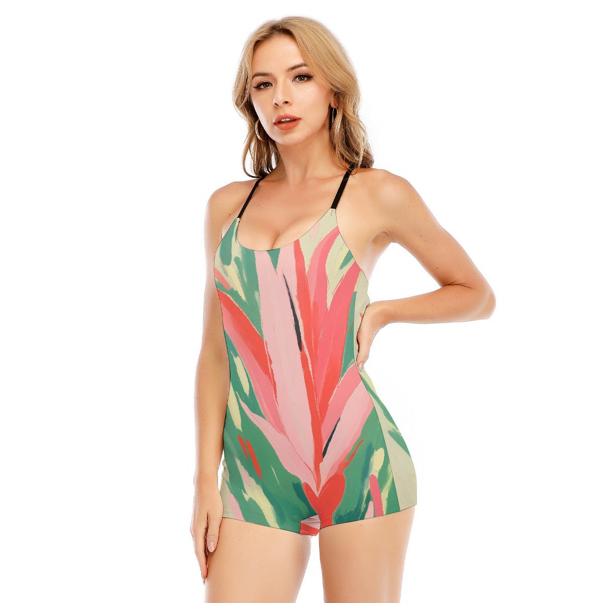 All-Over Print Women's Backless Romper With Black Straps