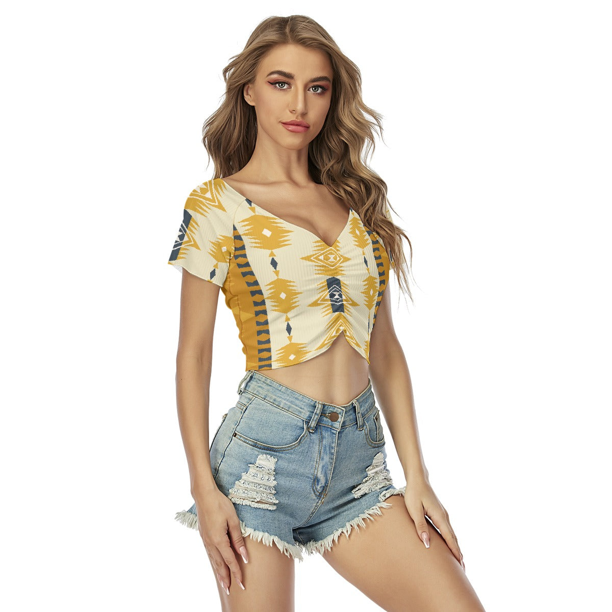 All-Over Print Women's Raglan Drawstring Front  Crop Tee