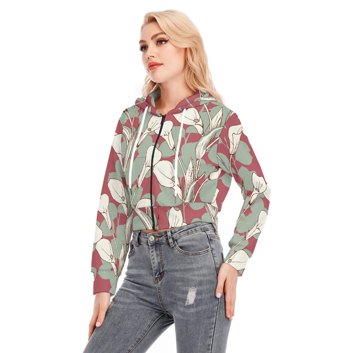 All-Over Print Women's Crop Top Hoodie With Zipper Closure