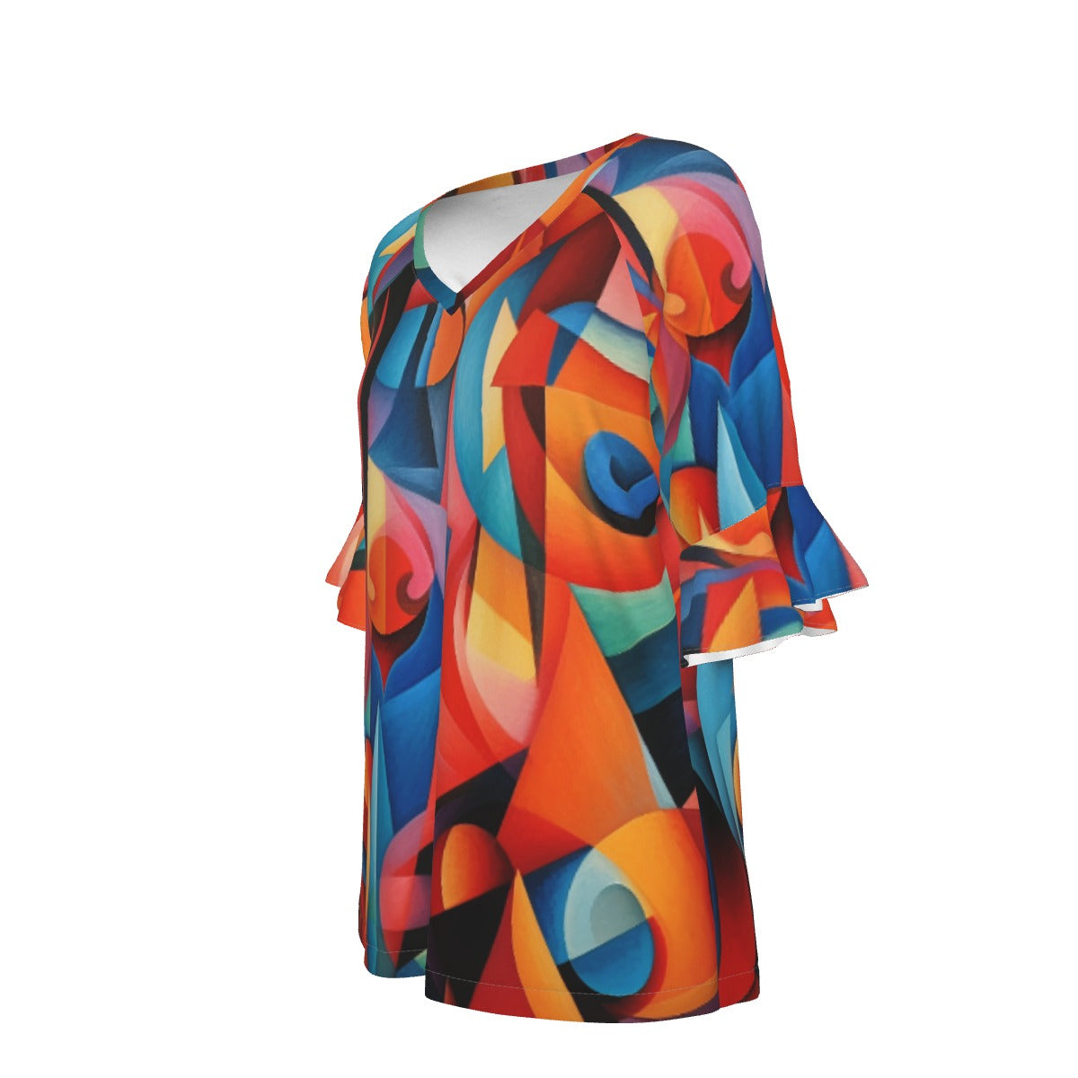 All-Over Print V-neck Women's T-shirt With Bell Sleeve