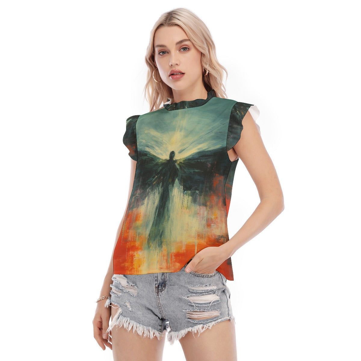 All-Over Print Women's Blouse With Ruffle Collar And Sleeve