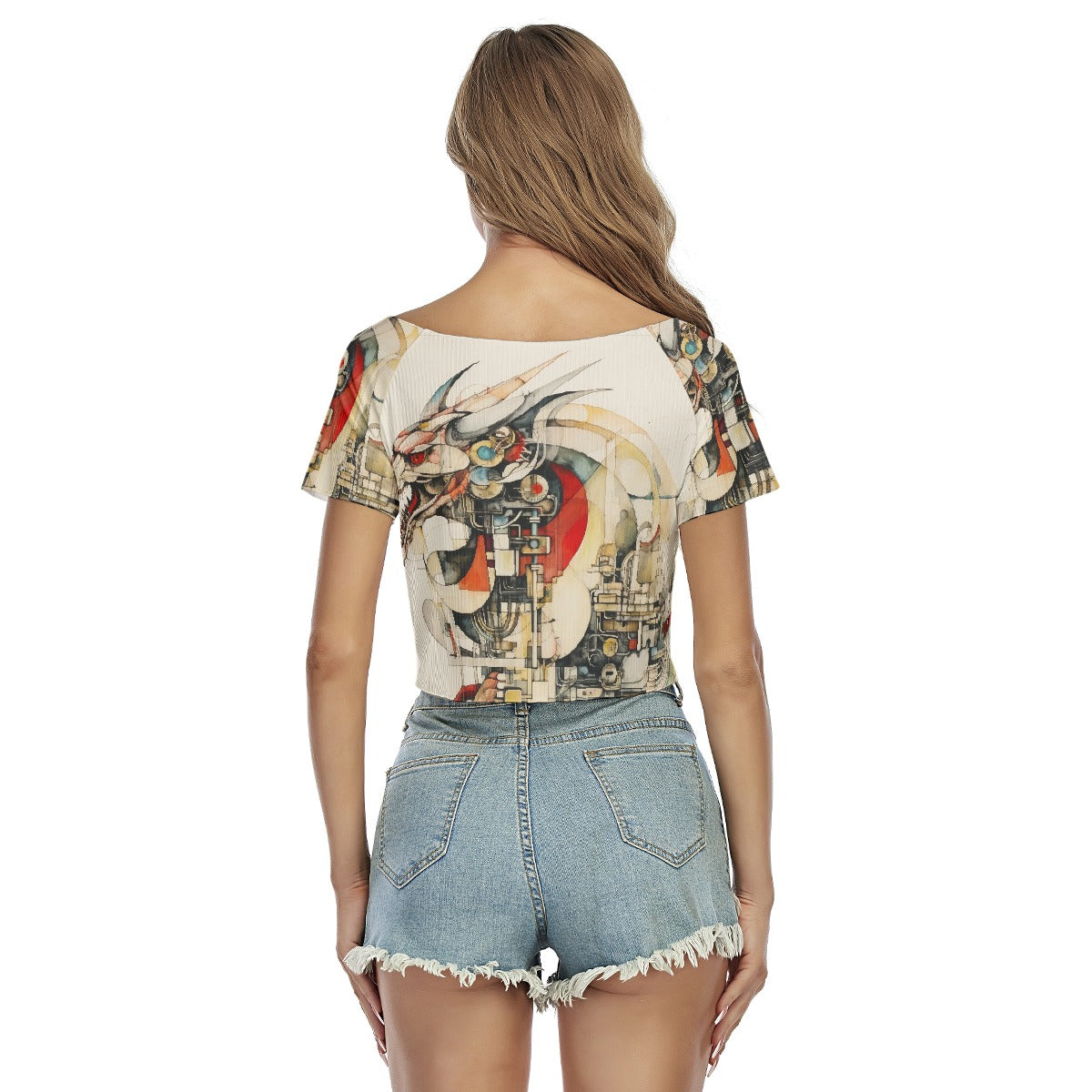 All-Over Print Women's Raglan Drawstring Front  Crop Tee