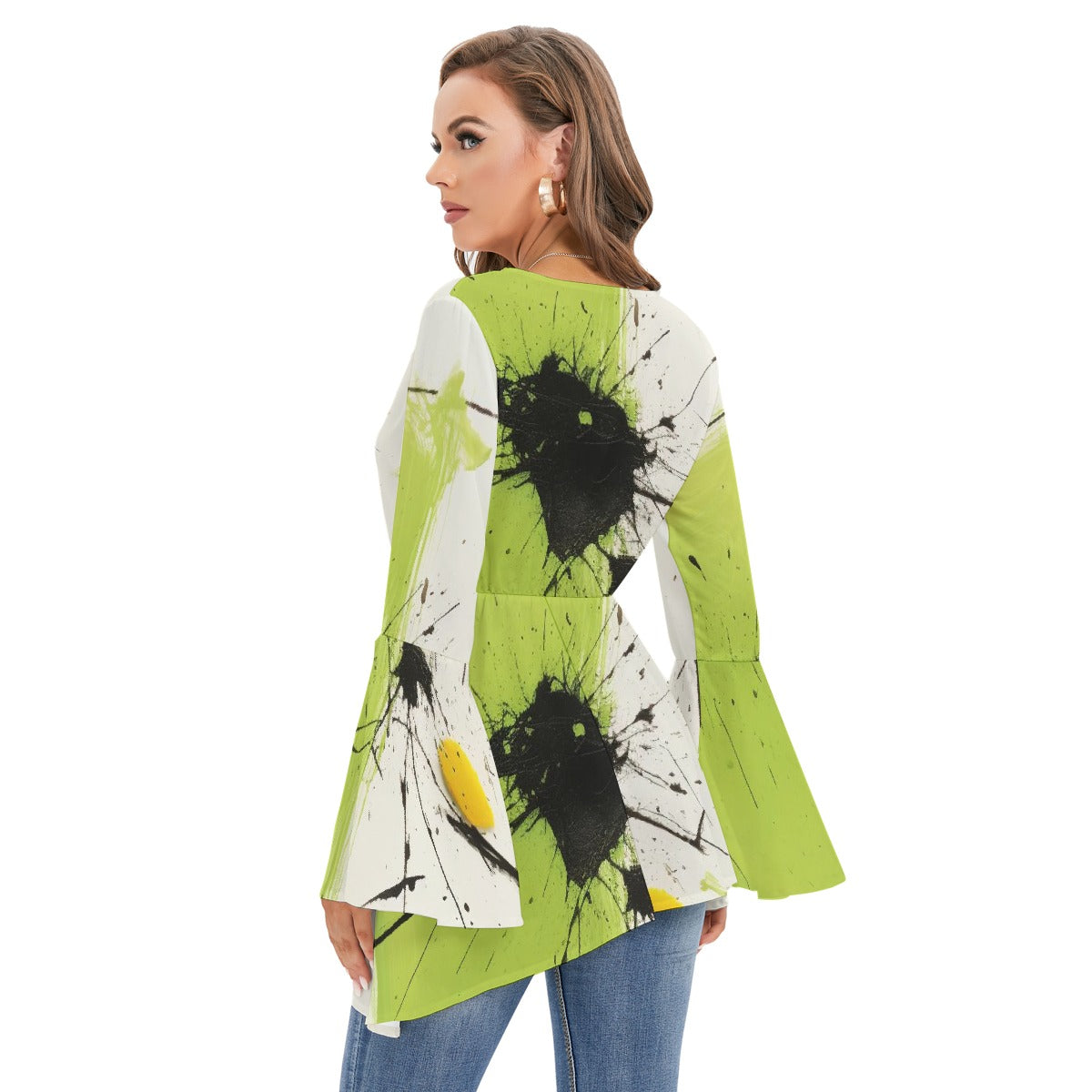 All-Over Print Women's V-neck Blouse With Flared Sleeves