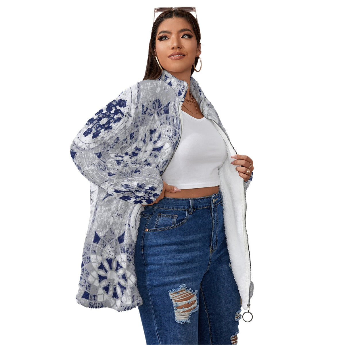 All-Over Print Unisex Borg Fleece Stand-up Collar Coat With Zipper Closure(Plus Size)