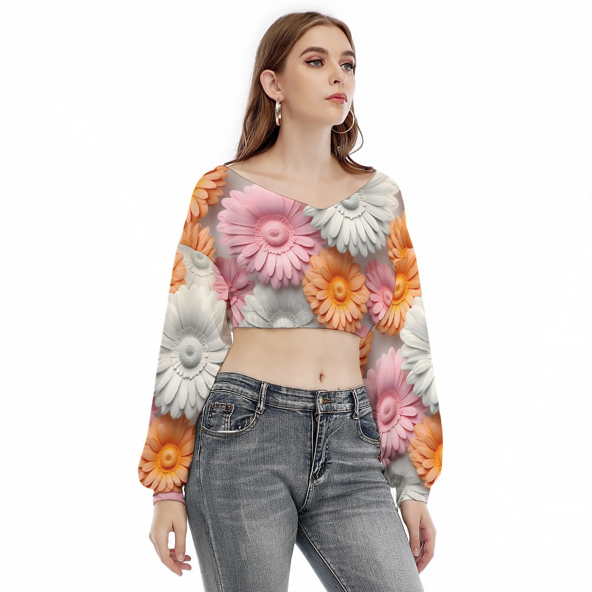 All-Over Print Women's V-neck Long Sleeve Cropped Sweatshirt