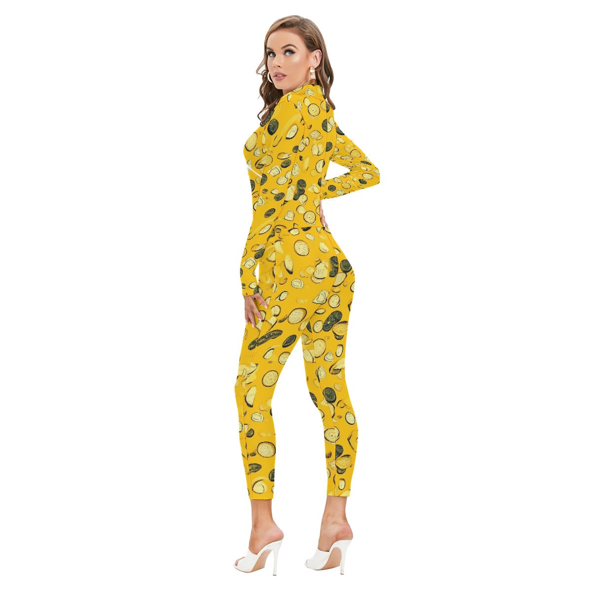 All-Over Print Women's Long-sleeved High-neck Jumpsuit With Zipper