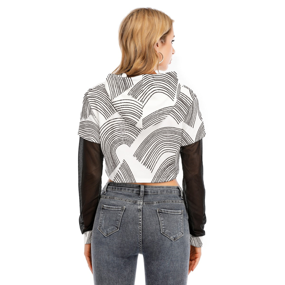 All-Over Print Women's Fake Two-piece Mesh Sleeve Cropped Hoodie