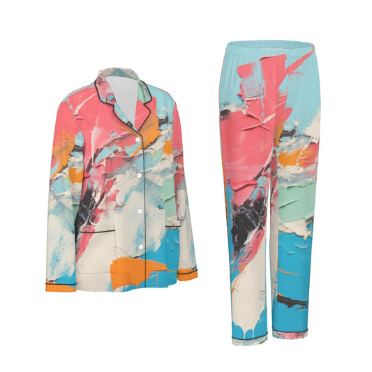 All-Over Print Women's Long Sleeve Pajama Set With Black Contrast Piping