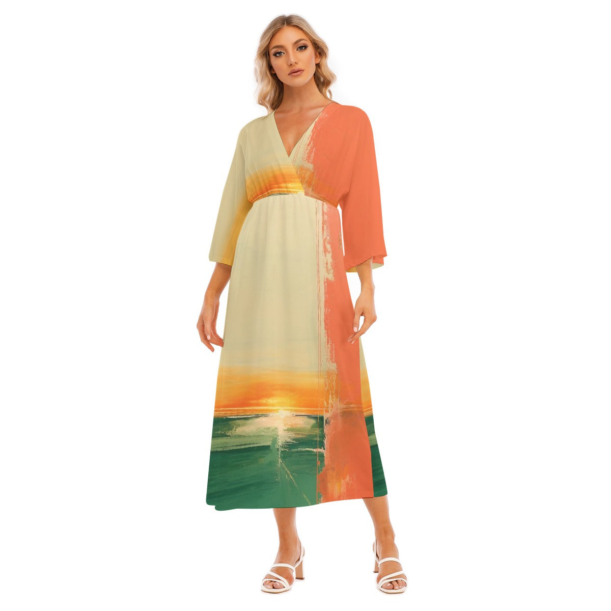 All-Over Print Women's Mid-Sleeve Long Dress