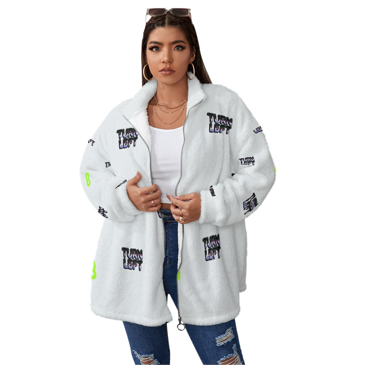 All-Over Print Unisex Borg Fleece Stand-up Collar Coat With Zipper Closure(Plus Size)