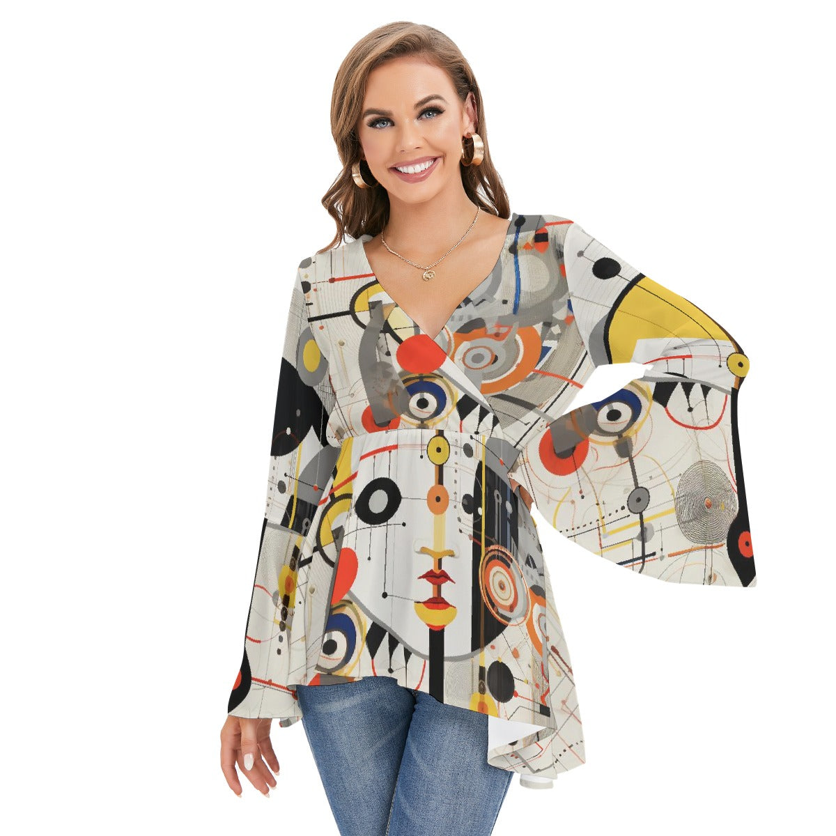 All-Over Print Women's V-neck Blouse With Flared Sleeves