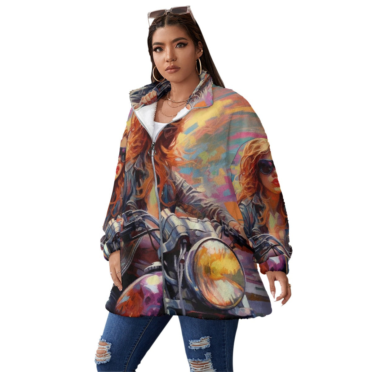 All-Over Print Unisex Borg Fleece Stand-up Collar Coat With Zipper Closure(Plus Size)
