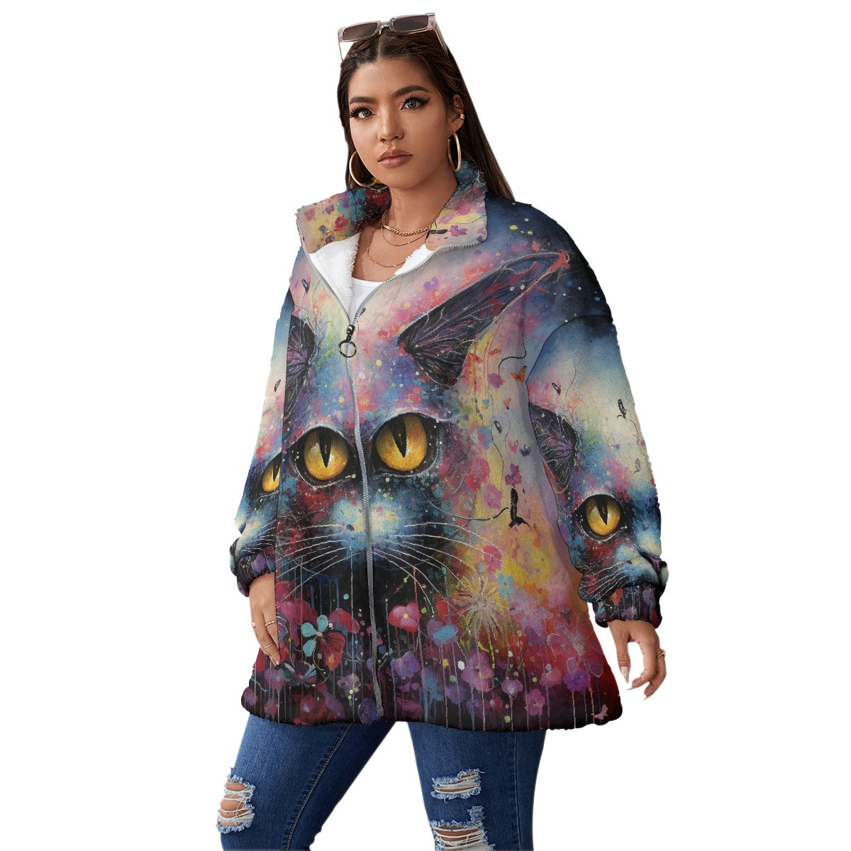 All-Over Print Unisex Borg Fleece Stand-up Collar Coat With Zipper Closure(Plus Size)