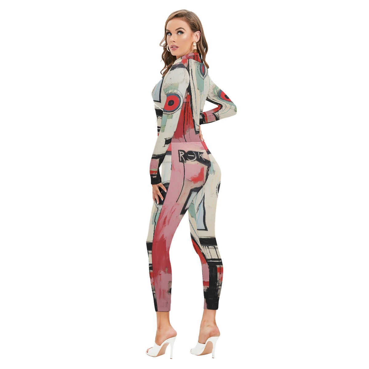 All-Over Print Women's Long-sleeved High-neck Jumpsuit With Zipper
