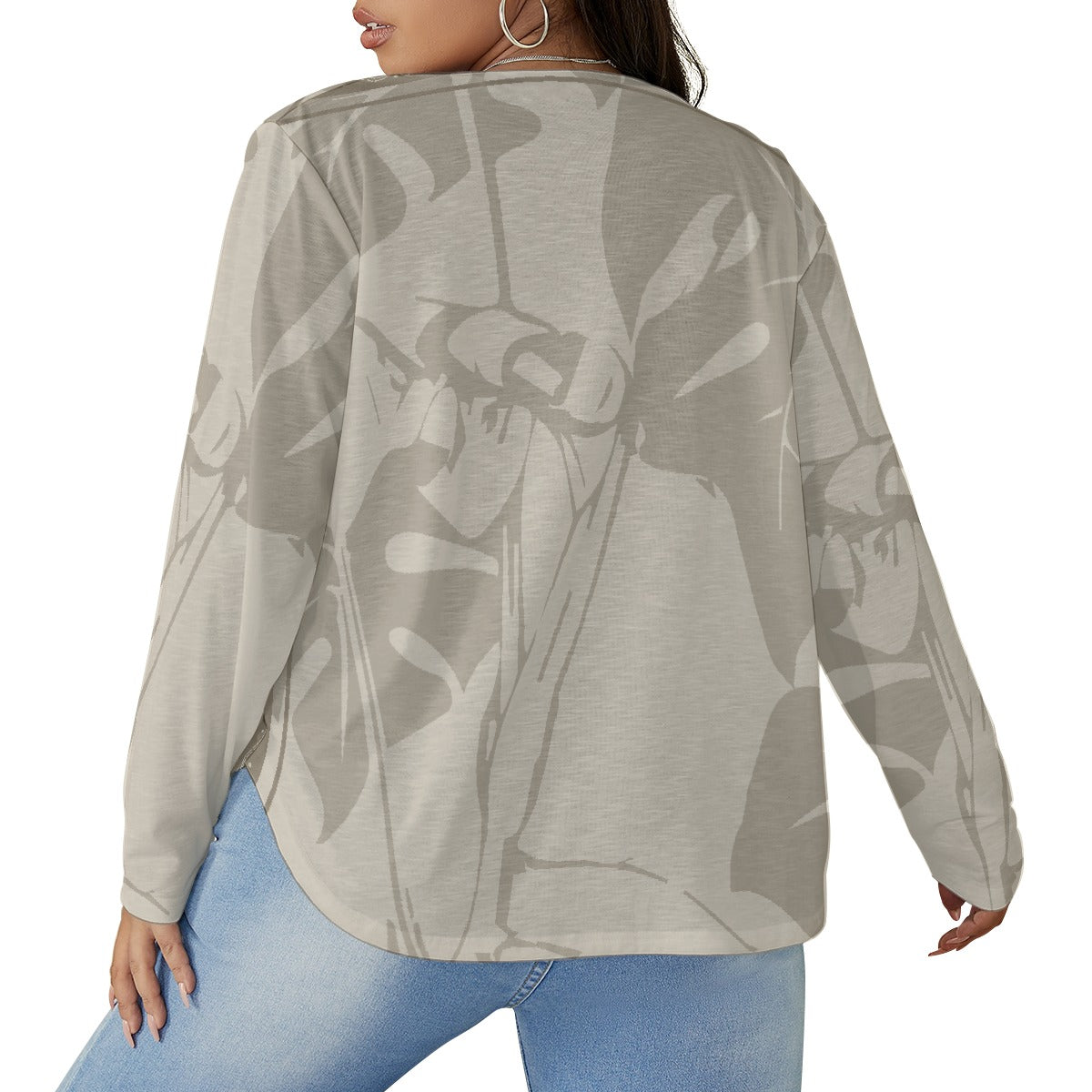 All-Over Print Women's V-neck T-shirt With Curved Hem(Plus Size)