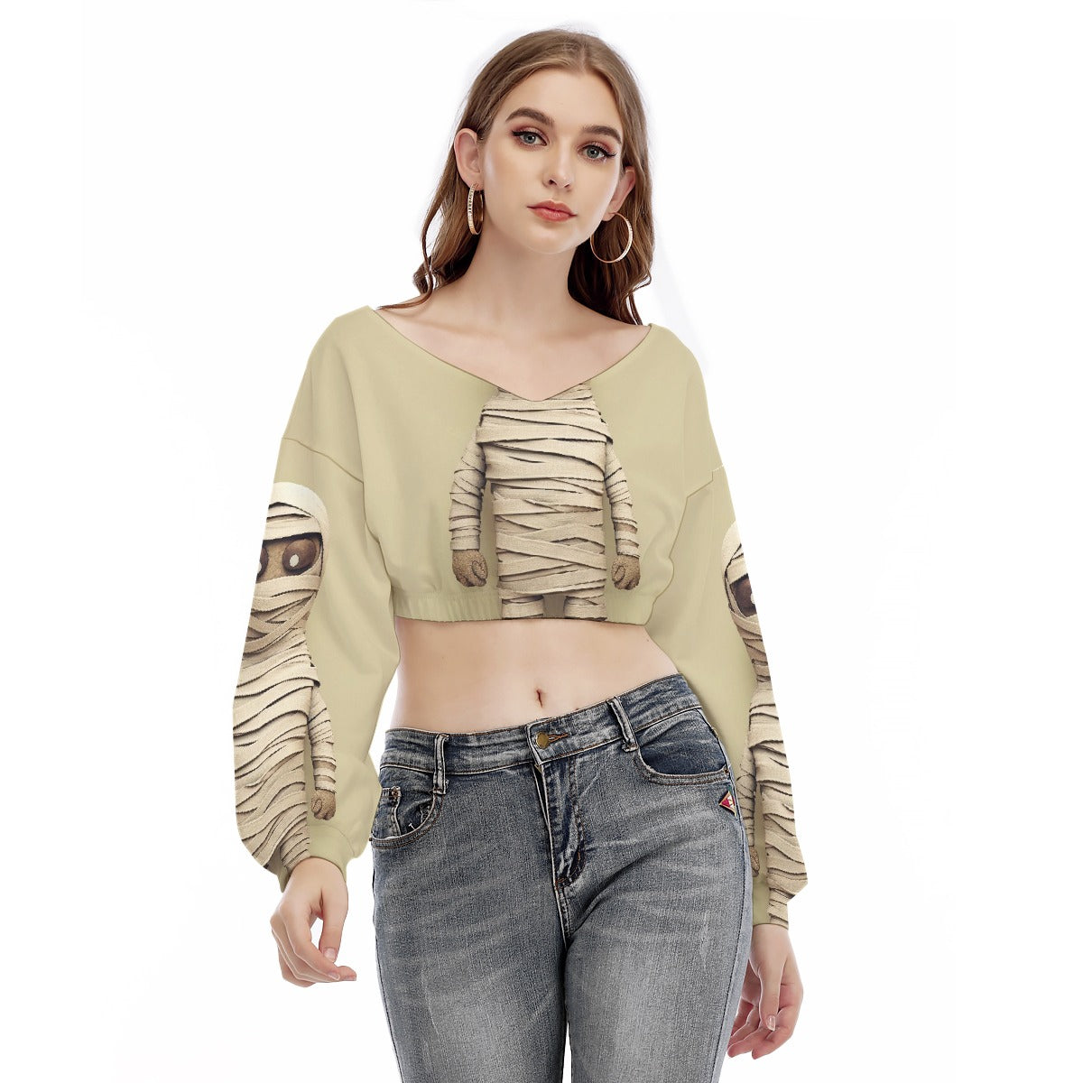 All-Over Print Women's V-neck Long Sleeve Cropped Sweatshirt
