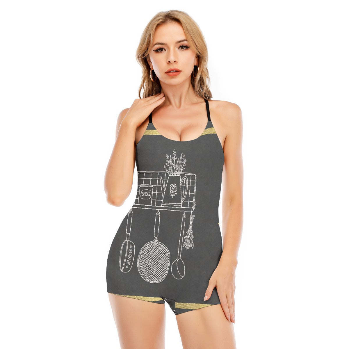 All-Over Print Women's Backless Romper With Black Straps