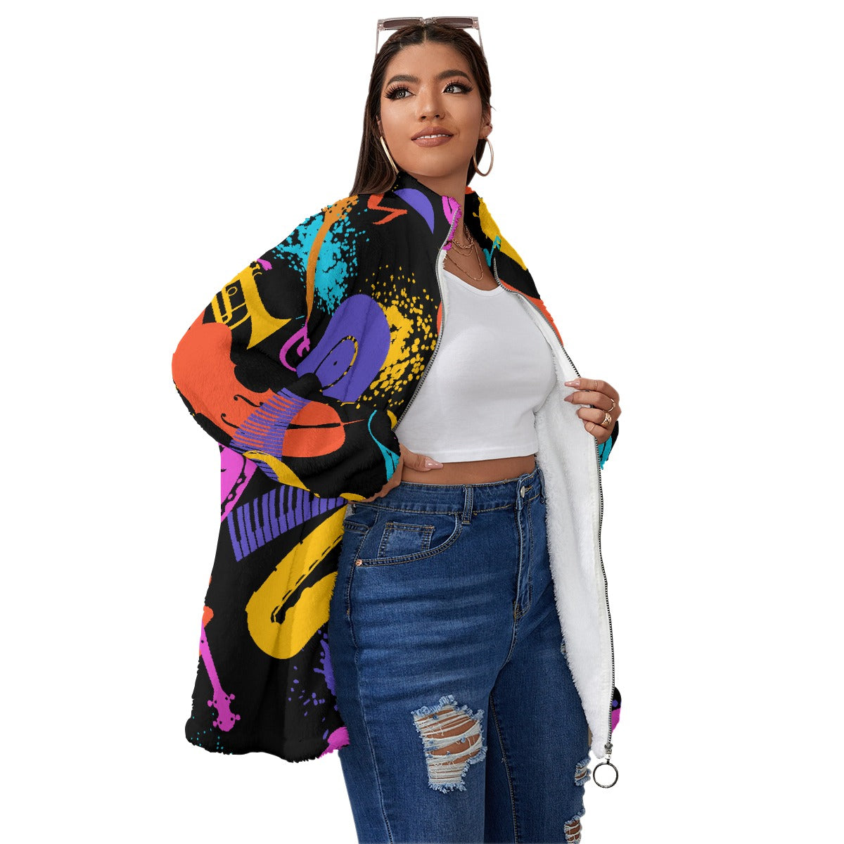 All-Over Print Unisex Borg Fleece Stand-up Collar Coat With Zipper Closure(Plus Size)