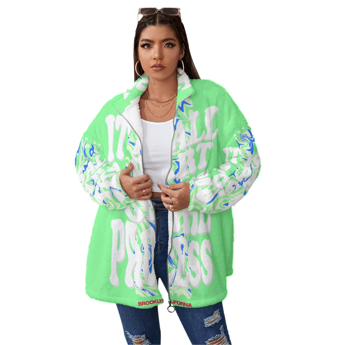 All-Over Print Unisex Borg Fleece Stand-up Collar Coat With Zipper Closure(Plus Size)