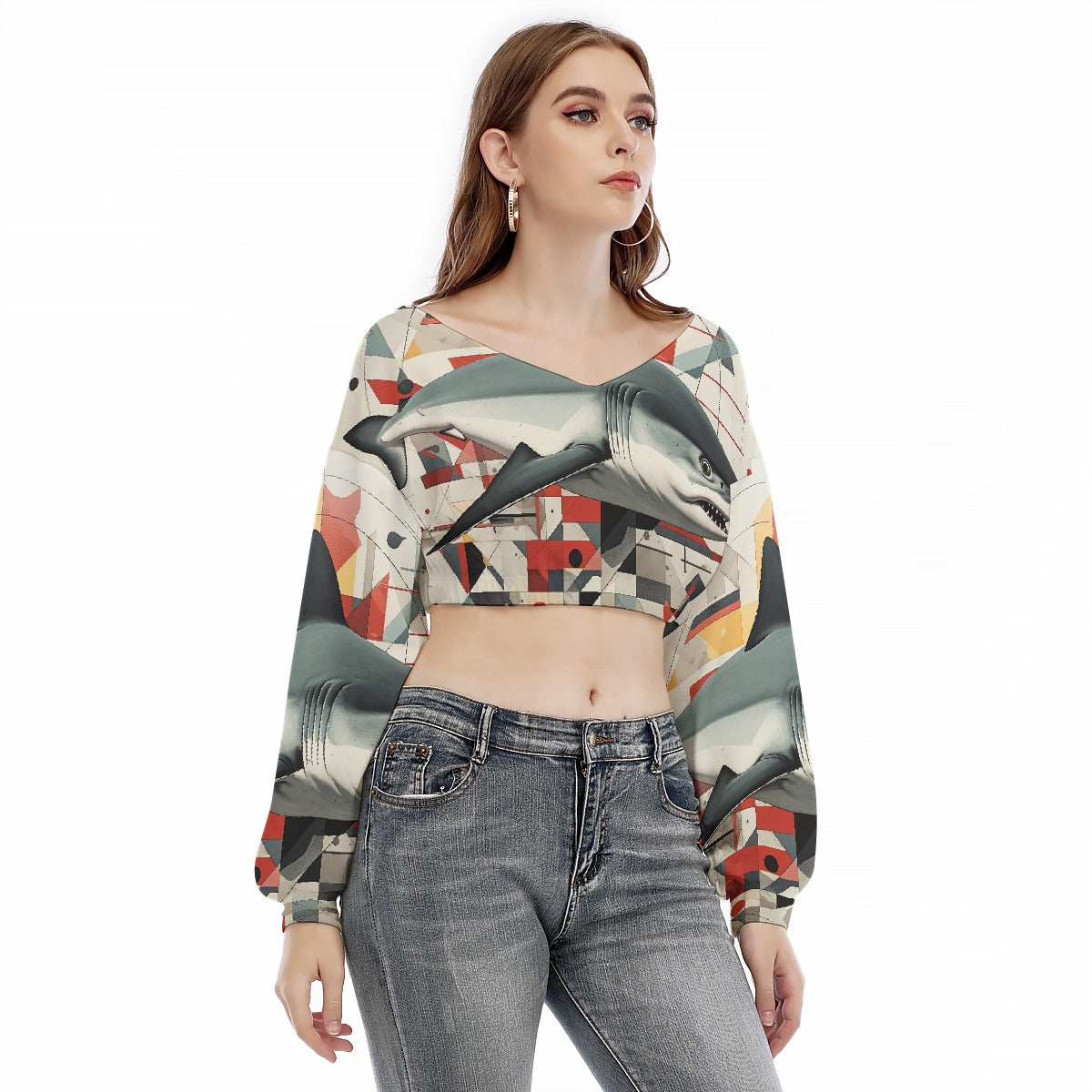 All-Over Print Women's V-neck Long Sleeve Cropped Sweatshirt