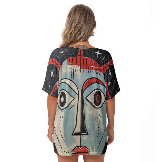 All-Over Print Women's Bat Sleeves V-Neck Blouse