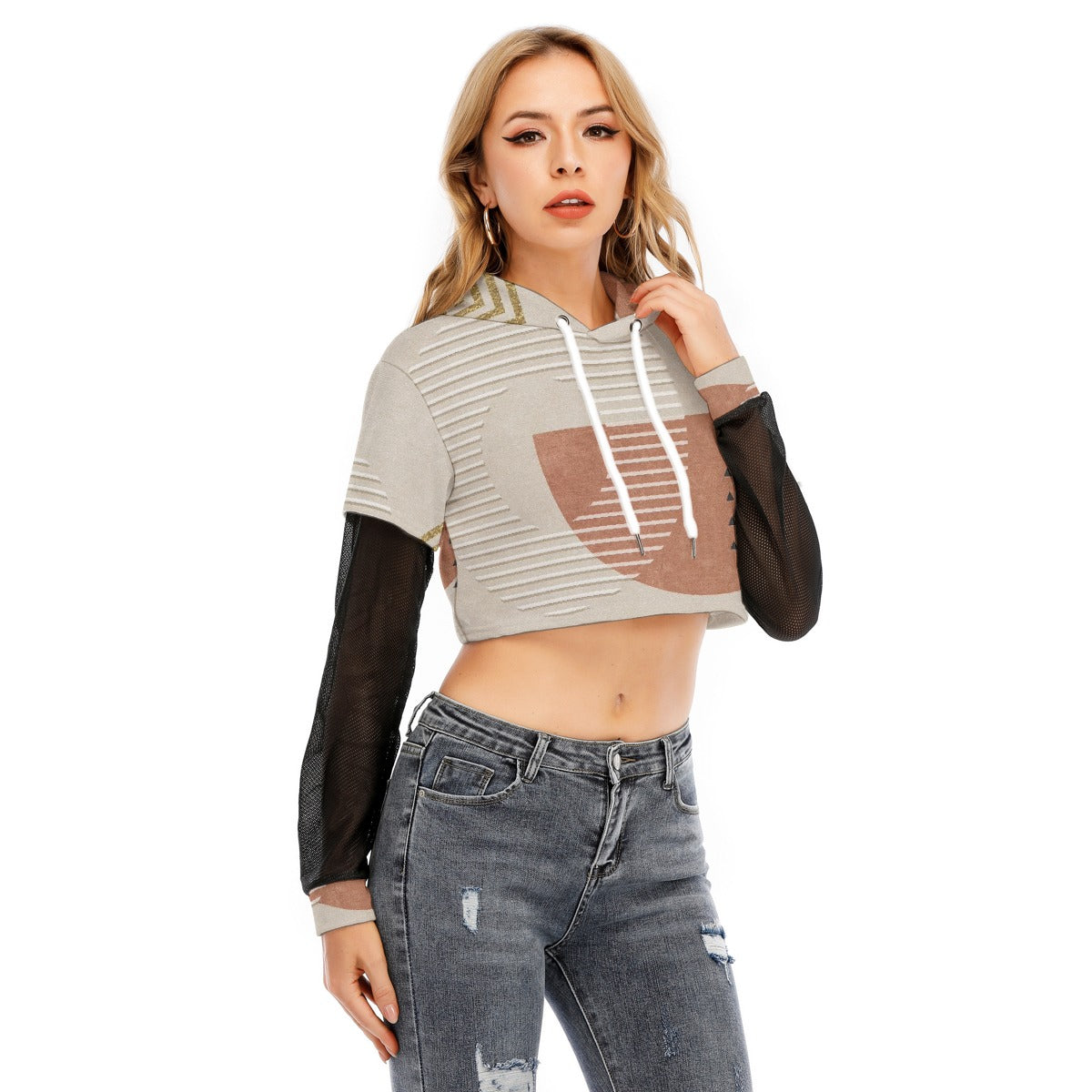 All-Over Print Women's Fake Two-piece Mesh Sleeve Cropped Hoodie