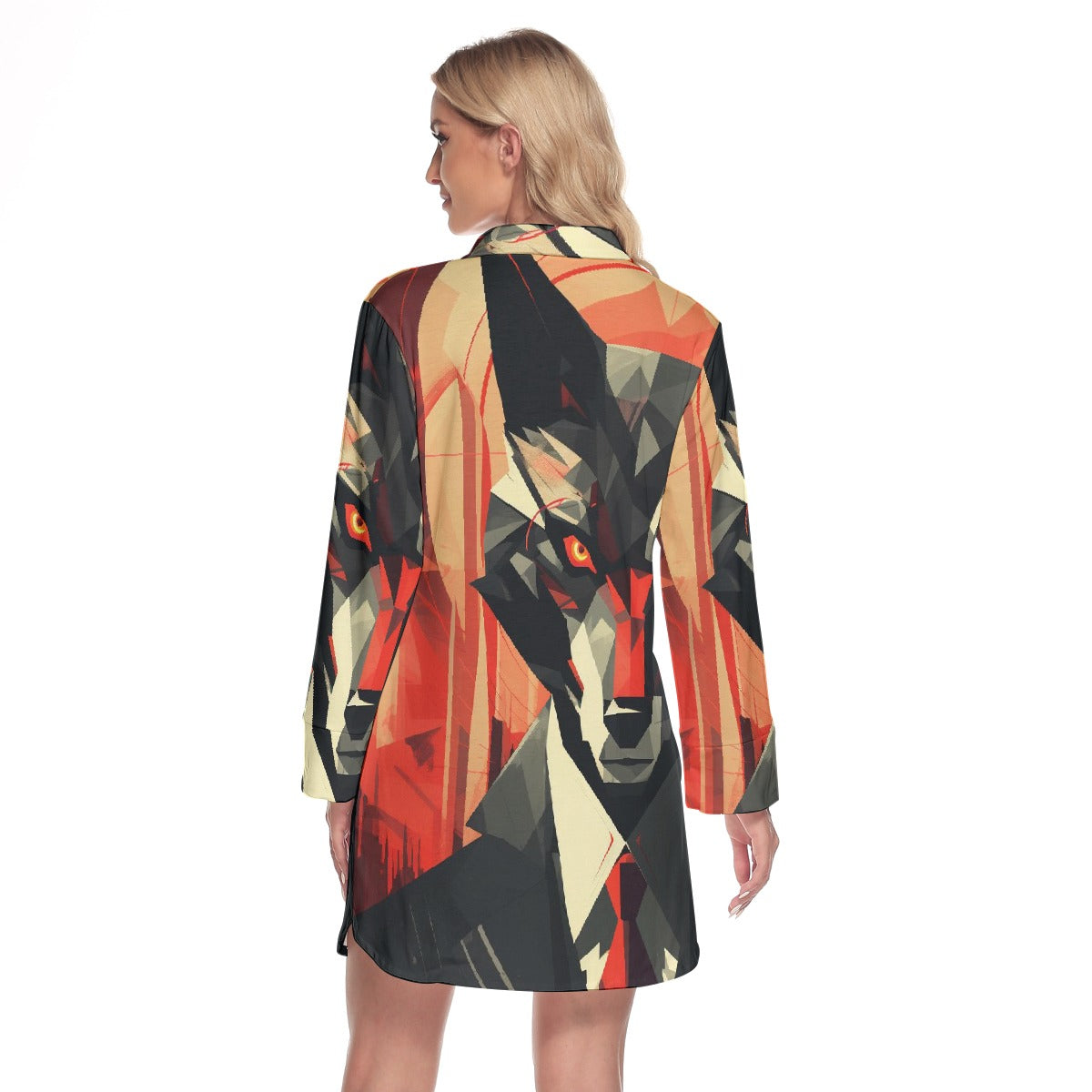 All-Over Print Women's Lapel Shirt Dress With Long Sleeve
