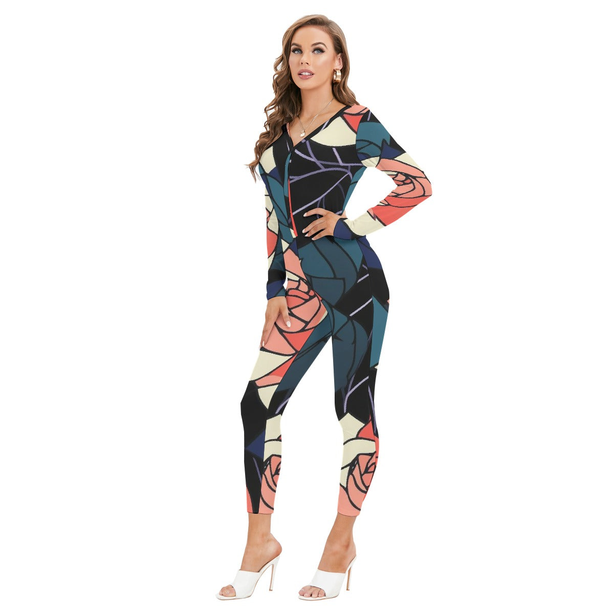 All-Over Print Women's Plunging Neck Jumpsuit