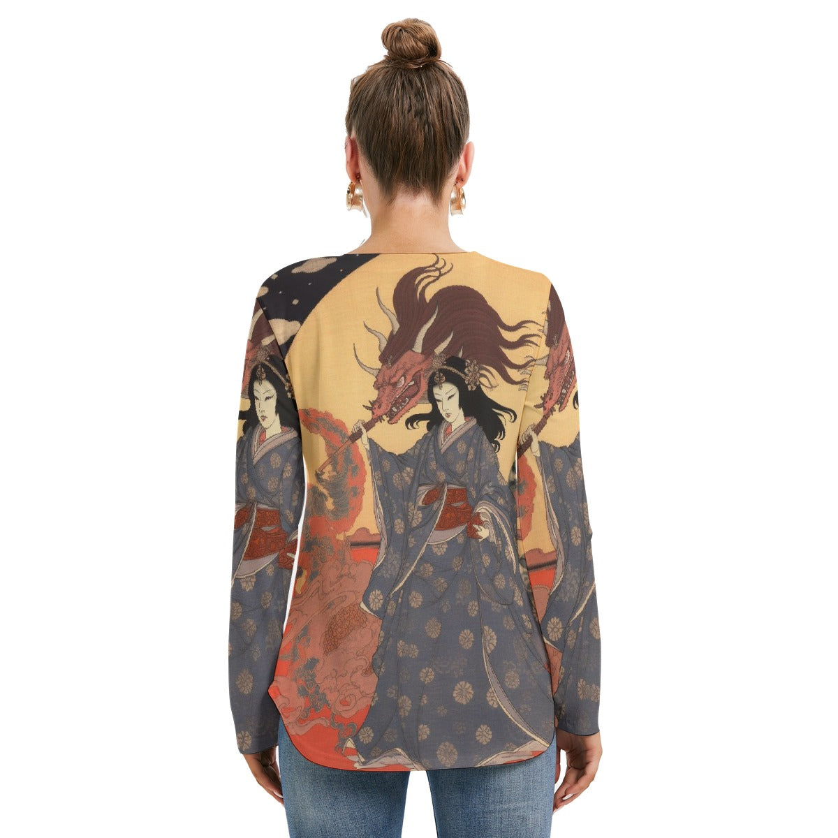 All-Over Print Women's Long Sleeve Neckline Tie Sweatshirt