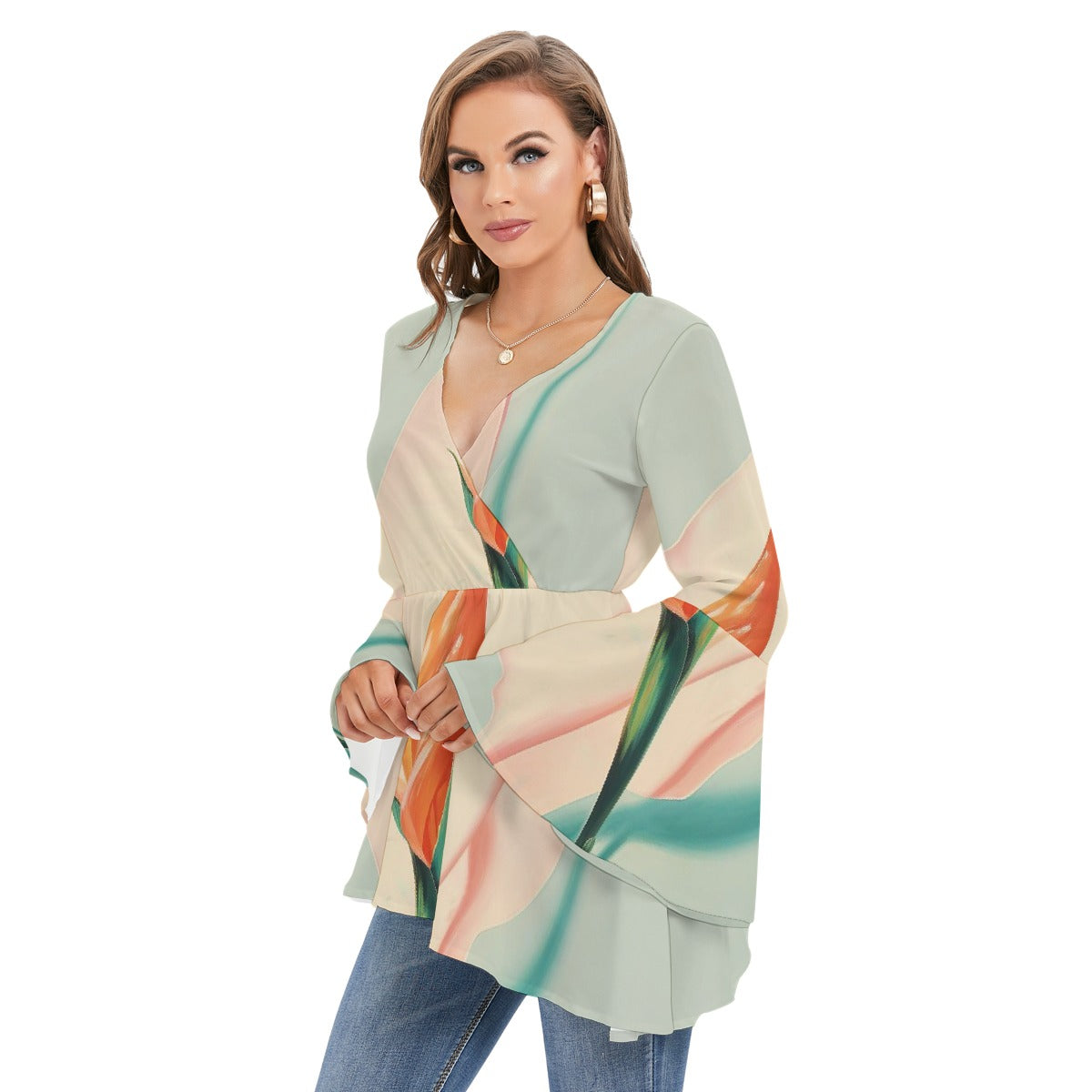 All-Over Print Women's V-neck Blouse With Flared Sleeves