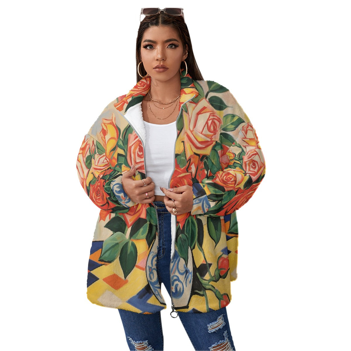 All-Over Print Unisex Borg Fleece Stand-up Collar Coat With Zipper Closure(Plus Size)