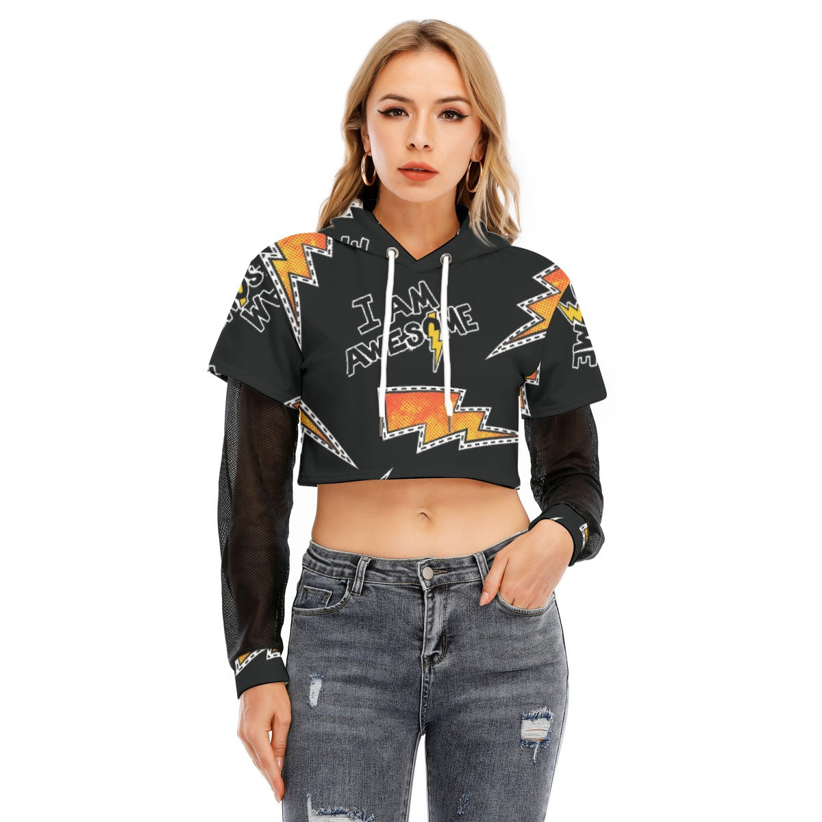 All-Over Print Women's Fake Two-piece Mesh Sleeve Cropped Hoodie